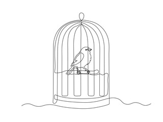 Bird, canary in cage, birdcage, continuous single one line art hand drawing sketch, logo on white background