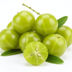 Obraz premium Cluster of Indian gooseberries (amla) with leaves and cut fruit showing seeds vector illustration for health and botanical themes