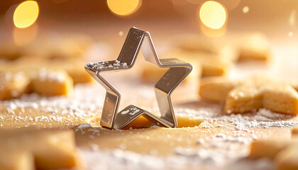 Close-up of Star Shaped Metal Cookie Cutter with Dough on Table, Warm Holiday Baking Scene, Christmas Kitchen Background with Soft Golden Bokeh Light