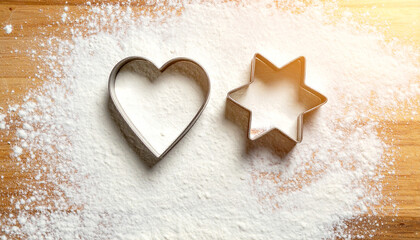 Close-up of Star Shaped Metal Cookie Cutter with Dough on Table, Warm Holiday Baking Scene, Christmas Kitchen Background with Soft Golden Bokeh Light