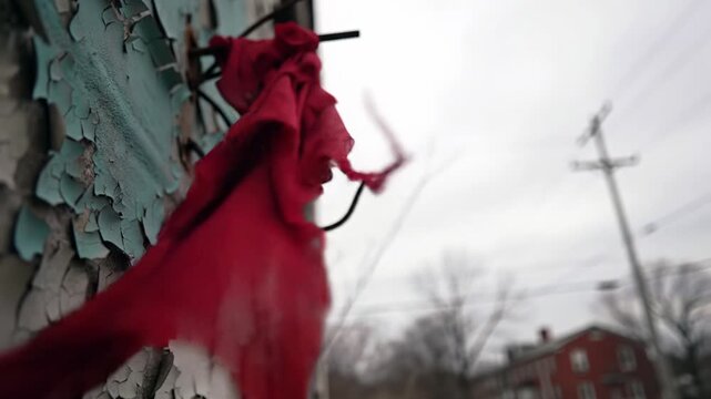 extreme close-up video of vivid scarlet tattered fabric whipping on rusted rebar, decaying building background. somber post-apocalyptic desolation atmosphere