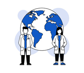 Illustration of male and female doctors standing in front of a globe, representing global health and international medical cooperation.