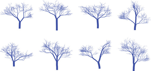 Isolated bare tree silhouettes in various positions on a clean white background artistic drawing