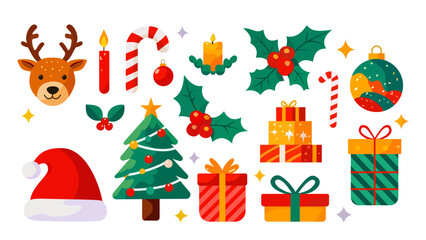 A large collection of flat design Christmas holiday icons and elements.