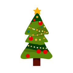 flat vector illustration of a decorated Christmas tree with a yellow star.