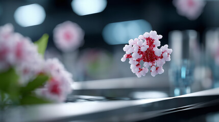 Next-generation medical research lab showcasing holographic immune interactions, robotic sampling systems, and AI-driven immunology analysis glowing through a futuristic biotechnology workspace