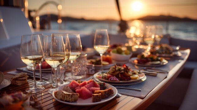 Elegant dinner setting with food and drinks on a yacht at sunset