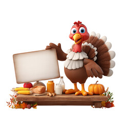 Cute cartoon turkey character holding a blank sign with thanksgiving harvest food and autumn leaves isolated on transparent background