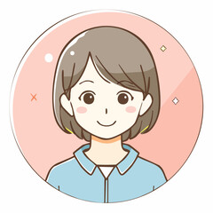 A charming anime-style illustration of a smiling young woman with short brown hair, presented as a circular avatar or profile picture.