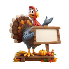 Cute cartoon turkey character holding a blank wooden sign for thanksgiving messages isolated on transparent background