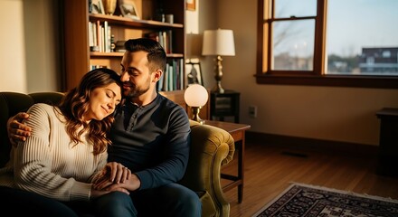 Cozy Couple Embracing on Sofa in Warm Living Room.