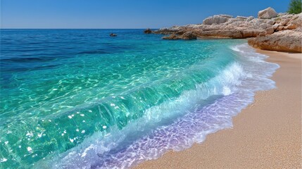 Crystal Clear Turquoise Water Gently Lapping on a Sunlit Pebble Beach with Rocky Outcrops in the Background Under a Bright Blue Sky