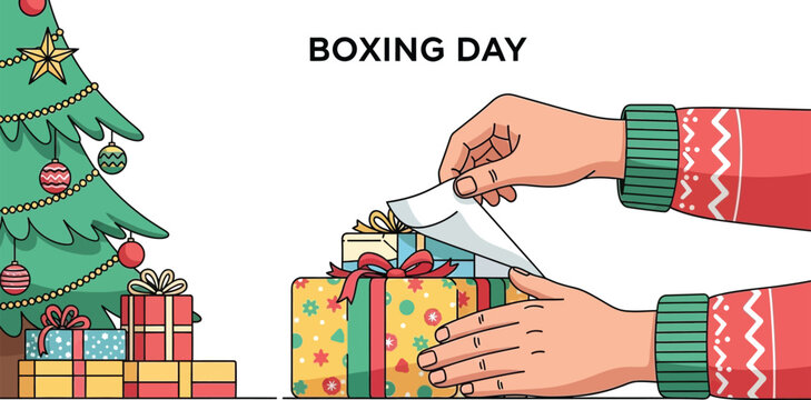 Opening gifts beside decorated christmas tree for boxing day
