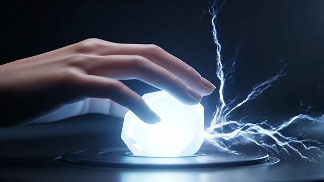 Hand activates glowing futuristic crystal generating blue electrical energy sparks