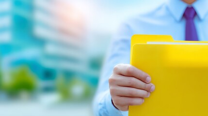 Professional man holding yellow folder focused man holds document folder in professional setting