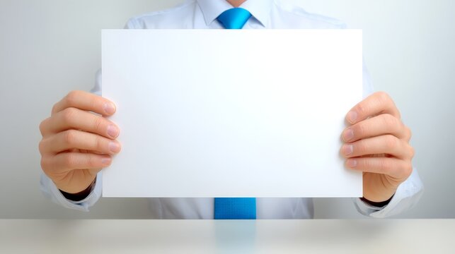 Man presents blank paper sheet man holds white paper ready for text or visuals