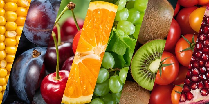 Vibrant collage of fresh fruits and vegetables in a rainbow of colors