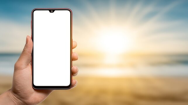 Hand holding phone with white screen modern tech display person hand grips mobile displaying blank screen for content