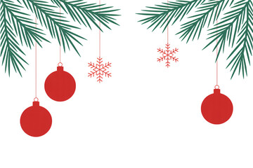 Festive Christmas ornaments and snowflakes hanging from evergreen boughs, a charming holiday design perfect for seasonal greetings and celebrations