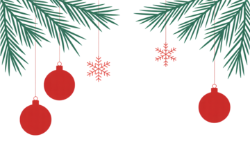 Festive Christmas ornaments and snowflakes hanging from evergreen boughs, a charming holiday design perfect for seasonal greetings and celebrations