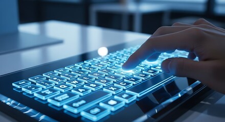 Close-up of a person typing on a futuristic glowing keyboard.