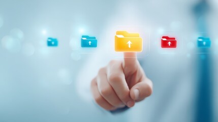 Obraz premium Human interaction with digital button on touchscreen person hand activates feature on modern interactive display