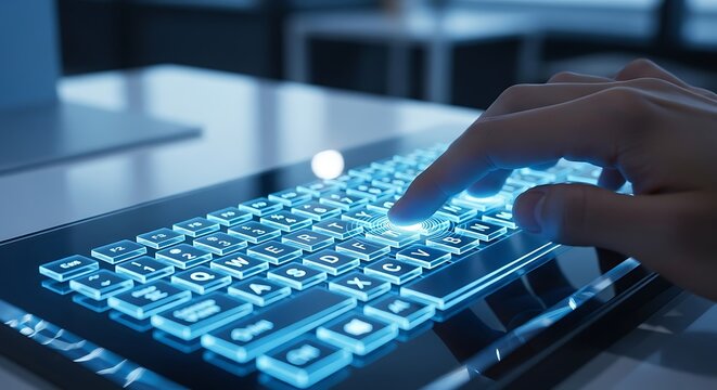 Close-up of a person typing on a futuristic glowing keyboard.