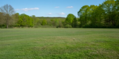 Green meadow with trees under a blue sky on a sunny day