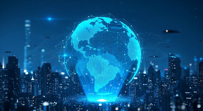 Global Connectivity - A Digital Earth Hologram Over a Futuristic Cityscape.