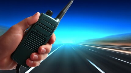 Highway communication person with walkie talkie person uses walkie talkie for roadside highway communication