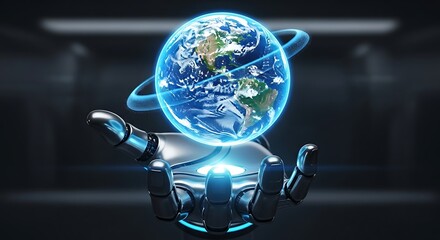 Futuristic robotic hand holding a holographic Earth projection.