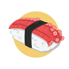 Octopus Sushi Illustration. Delicious tako nigiri sushi with a tender slice of octopus placed on top of rice and wrapped with a thin strip of nori