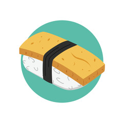 Tamago Nigiri Sushi Illustration. Sweet Japanese omelette placed on top of rice and tied with a thin strip of nori. Perfect for Japanese restaurant menus, Asian food promotions, or sushi-themed design