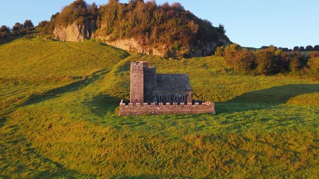 Anchorite's Cell During Sunset At Fore Abbey In County Westmeath, Ireland. Aerial Zoom In Shot