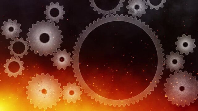 gears and cogwheels rotating against a dramatic dark background with glowing red and orange fire and heat with smoke, metal machinery overheating, pressure overworking or problem solving energy