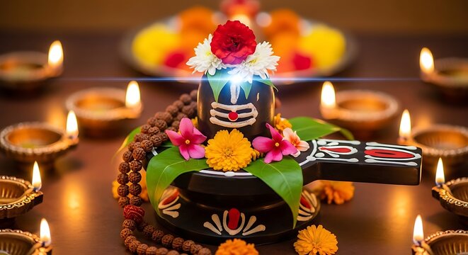A beautifully decorated shiva lingam, a representation of the hindu deity shiva, adorned with flowers and surrounded by lit diyas, creating a spiritual and festive atmosphere for worship