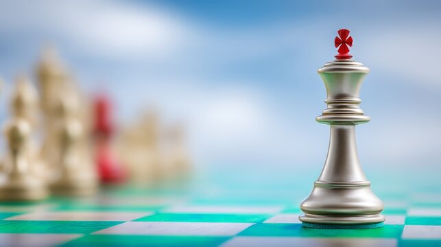 White chess piece on classic chess board game strategic white chess piece poised on board ready for game play