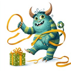 Obraz premium Blue monster playing with gift ribbon with transparent background