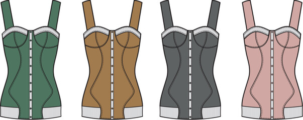 Fashionable collection of vintage-inspired bustier corsets in four different color variations. A stylish set for retro lingerie design and classic glamour