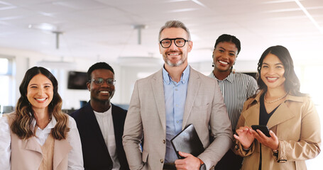 Portrait, law firm and tech in office with smile, confidence and management for group of business...