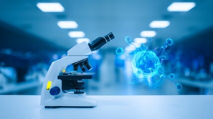 Microscope sits on lab bench next to glowing blue holographic projection of virus or cell structure all within bright blue lit laboratory setting