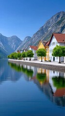 Fototapeta premium Scenic Lakeside Village With Alpine Backdrop Buildings Lined By A Calm Lake Under A Clear Blue Sky With Reflections Of The Mountains And Buildings In The Water