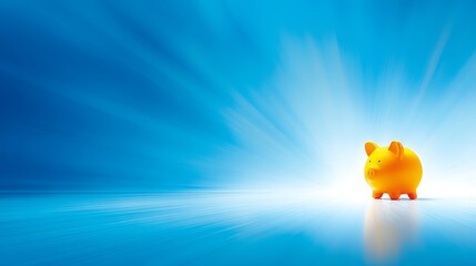 Glowing orange piggy bank stands on reflective surface against streaking vibrant blue background that emanates light and energy from the right