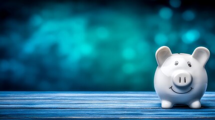 White piggy bank with smiling face rests on  rustic blue wooden surface against dark out of focus teal background