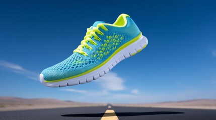Bright blue and neon yellow running shoe is captured mid air floating above long straight road under clear blue sky