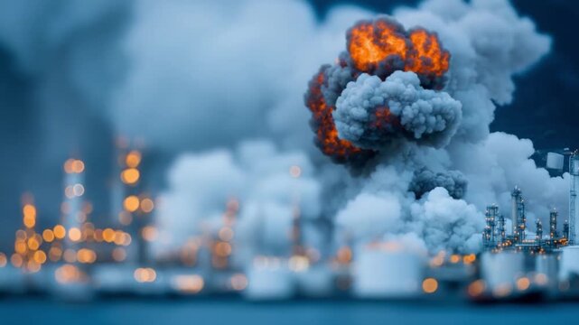 Industrial Inferno: A powerful explosion engulfs an industrial complex, creating a towering cloud of smoke and fire, symbolizing the raw force of a dangerous situation.