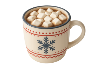 Cozy ceramic mug filled with hot chocolate topped with marshmallows, featuring winter snowflake design