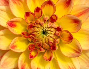 Close-up of a vibrant, multi-layered flower with a mix of yellow and red petals