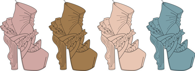 Four pairs of stylish high-heeled boots with ruffles and bows in varying pastel shades