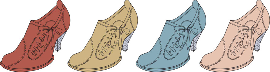 Fashion illustration showcasing a colorful collection of vintage-style heeled ankle boots. A concept of personal style, choice, and variety in women's footwear